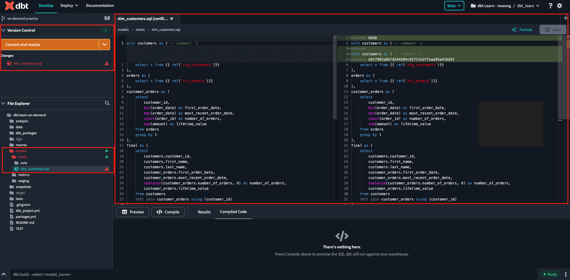 Conflicting section that needs resolution will be highlighted Conflicting section that needs resolution will be highlighted